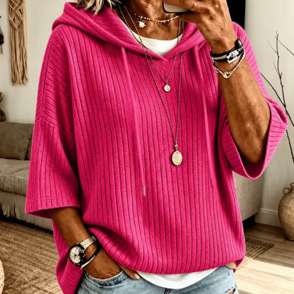Oversized Ribbed Half Sleeve Hoodie Tunic Pullover Top