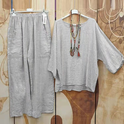 Women's Linen Blend Striped Top & Pocket Pants Set