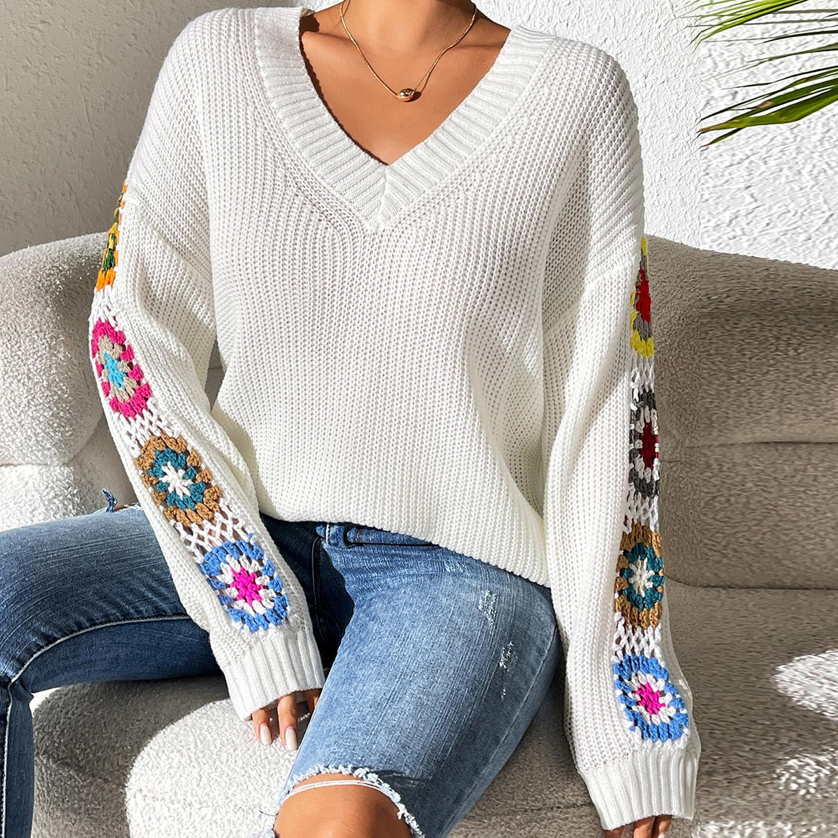 Fall/Winter Casual Loose V-Neck Crochet Floral Sweater
