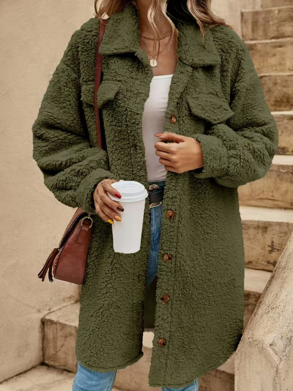 Women's Long Sherpa Jacket Button Down Collared Coat