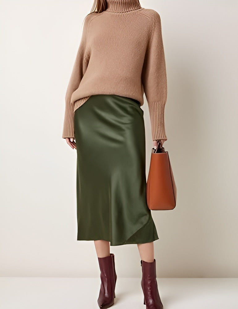 Satin Mermaid Midi Skirt High Waist Stretch Flared