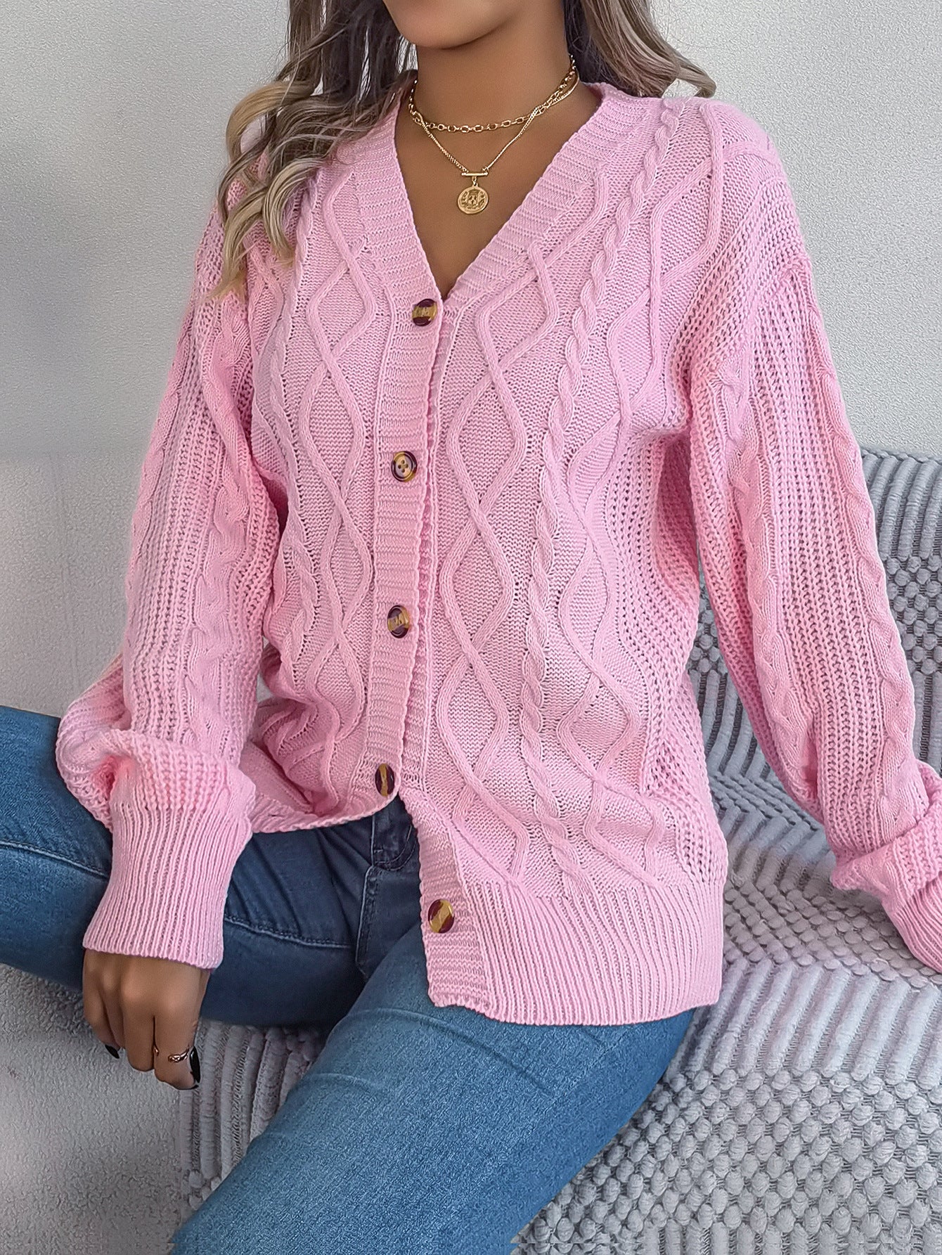 Fall Winter Cable Knit V Neck Lantern Sleeve Cardigan