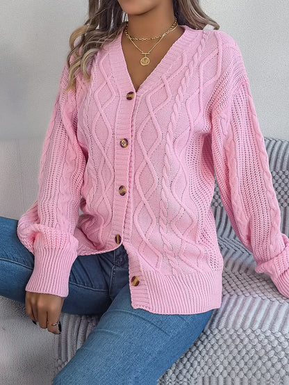 Fall Winter Cable Knit V Neck Lantern Sleeve Cardigan