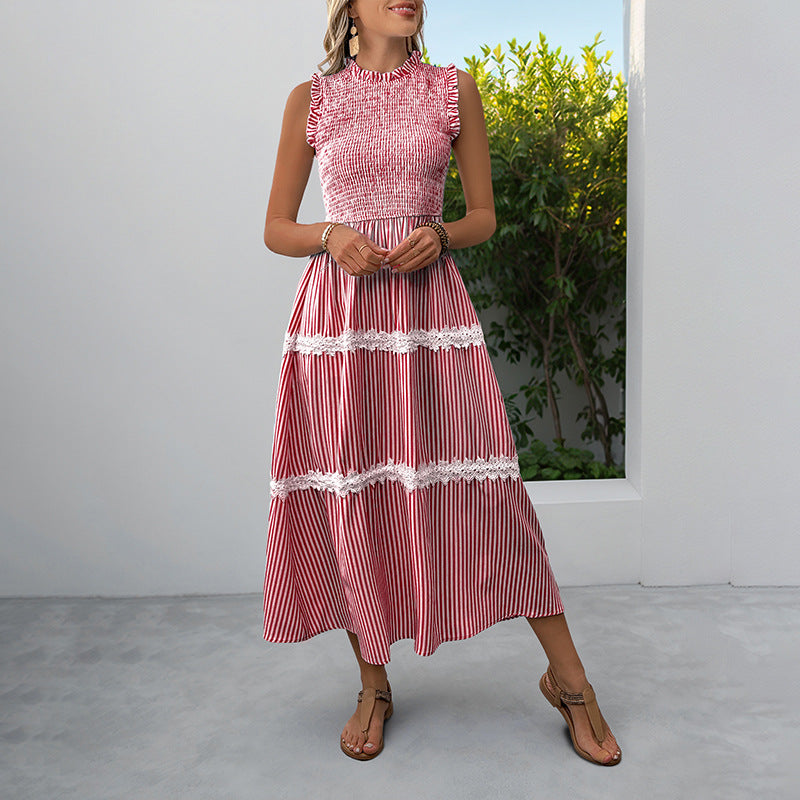 Sleeveless Striped Lace Midi Dress Ruffled A-Line Summer