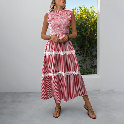 Sleeveless Striped Lace Midi Dress Ruffled A-Line Summer