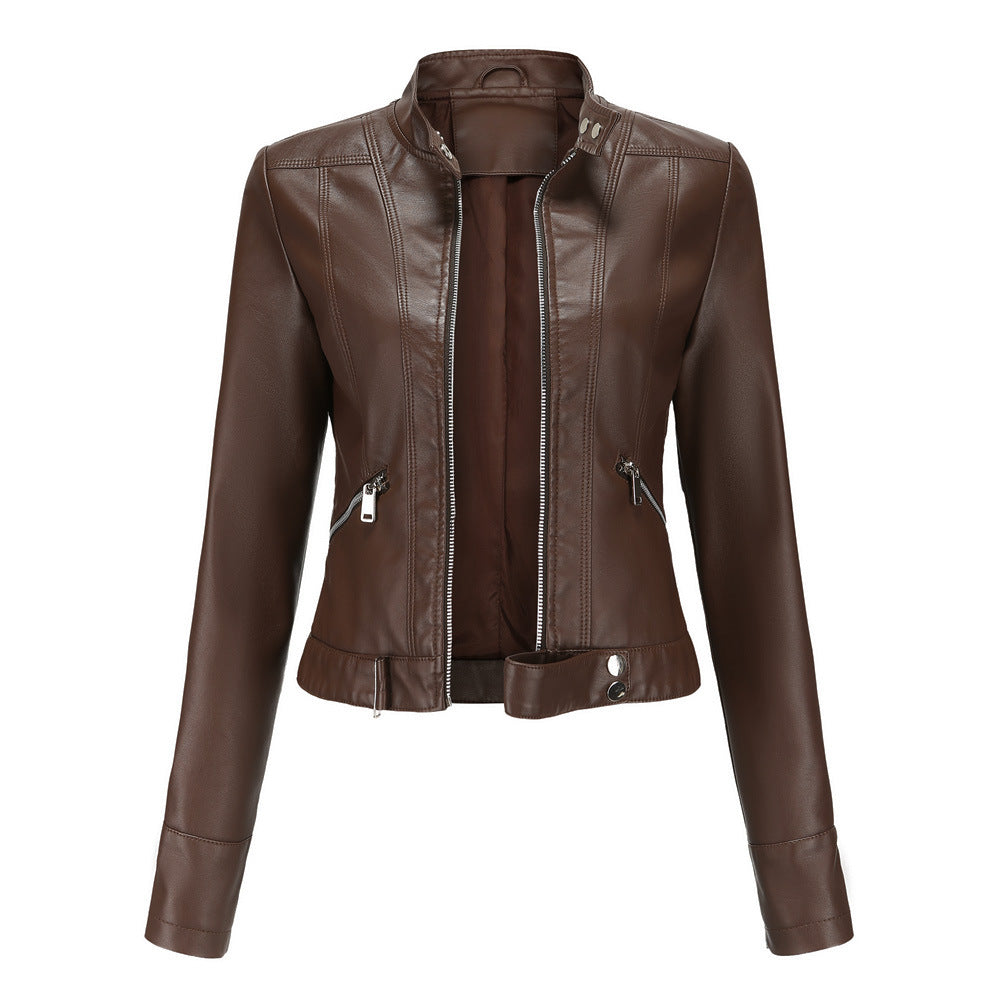 Women's Cropped Faux Leather Moto Jacket Stand Collar
