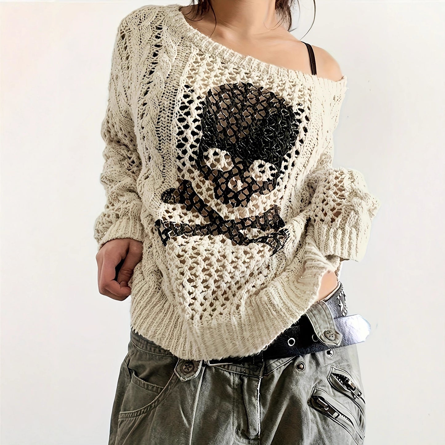Y2K Gothic Skull Open Knit Oversized Sweater