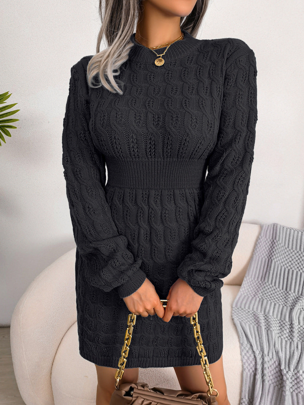 Blue Cable Knit Bodycon Sweater Dress – Fall Winter