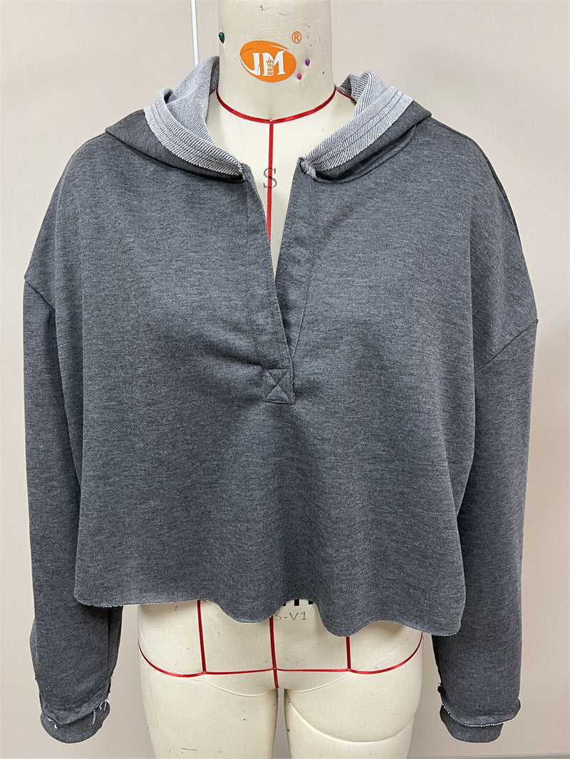 Women's Oversized Cropped V-Neck Hoodie Pullover Top