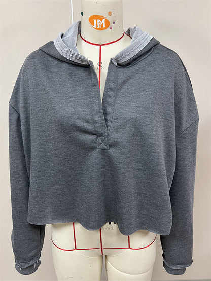 Women's Oversized Cropped V-Neck Hoodie Pullover Top