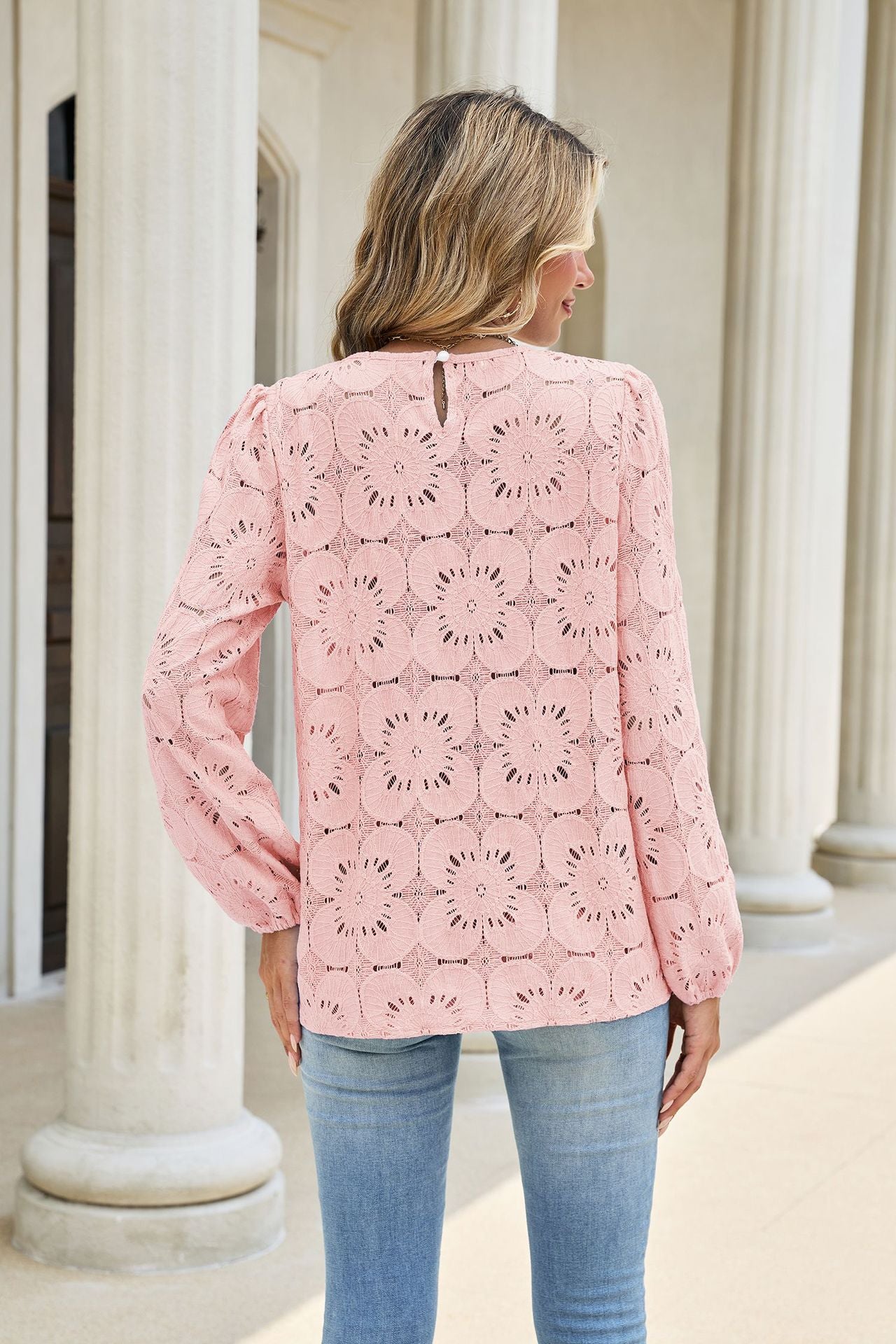 Eyelet Lace Blouse Puff Sleeve Loose Top