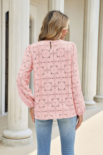 Eyelet Lace Blouse Puff Sleeve Loose Top