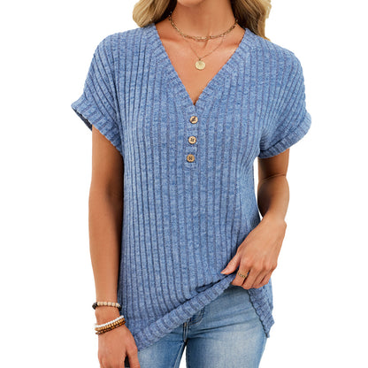 Ribbed Button V-Neck Top – Relaxed Fit Casual Summer Tee