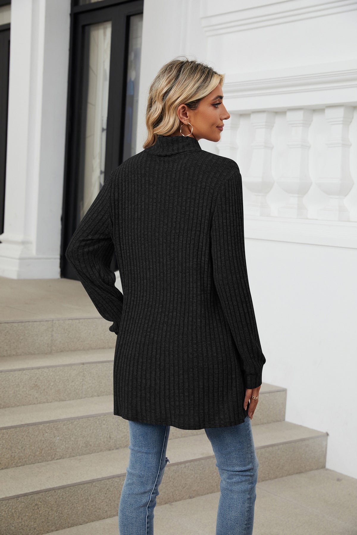 Women's Oversized Ribbed Mock Neck Tunic with Pockets