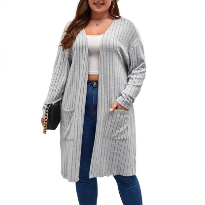 Plus Size Open Front Long Cardigan Ribbed Knit Pockets