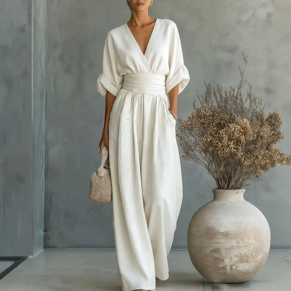Women's Elegant V-Neck High Waist Wide Leg Jumpsuit