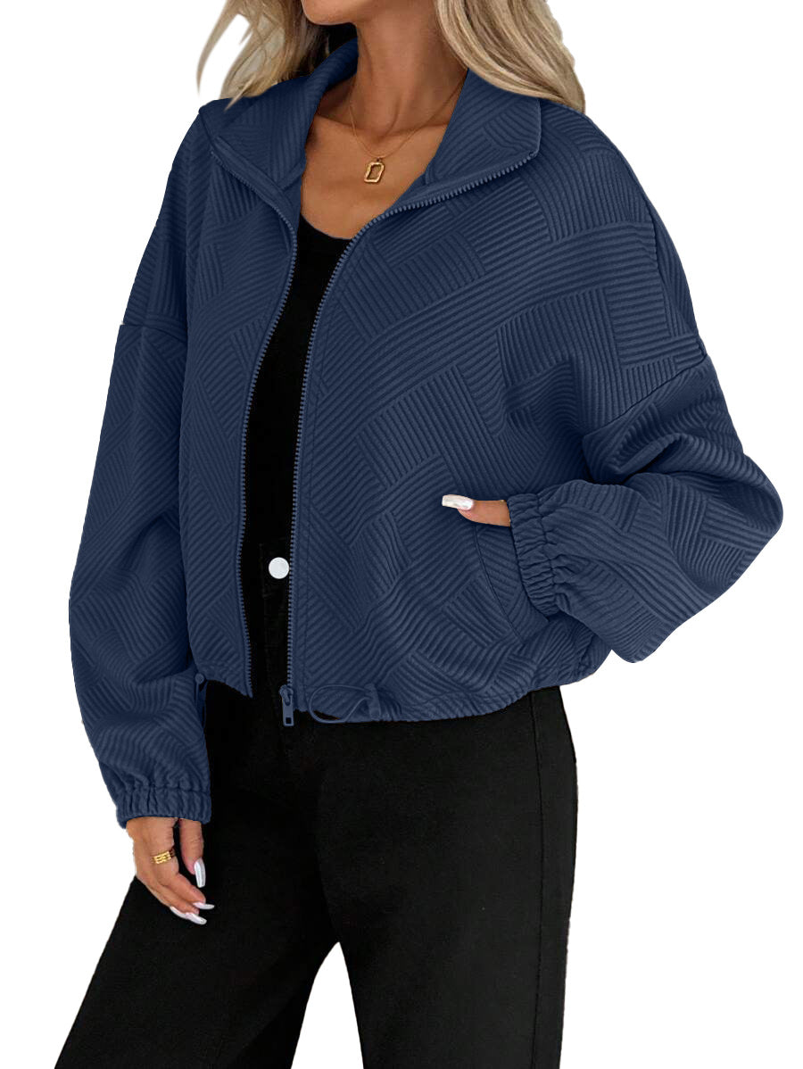 Textured Zip Up Bomber Jacket Drawstring Hem Casual Coat