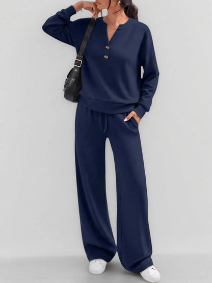 Women's 2 Piece Lounge Set Henley Wide Leg Pants