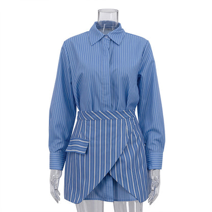 Blue Striped Button Down Shirt and Mini Skirt Set