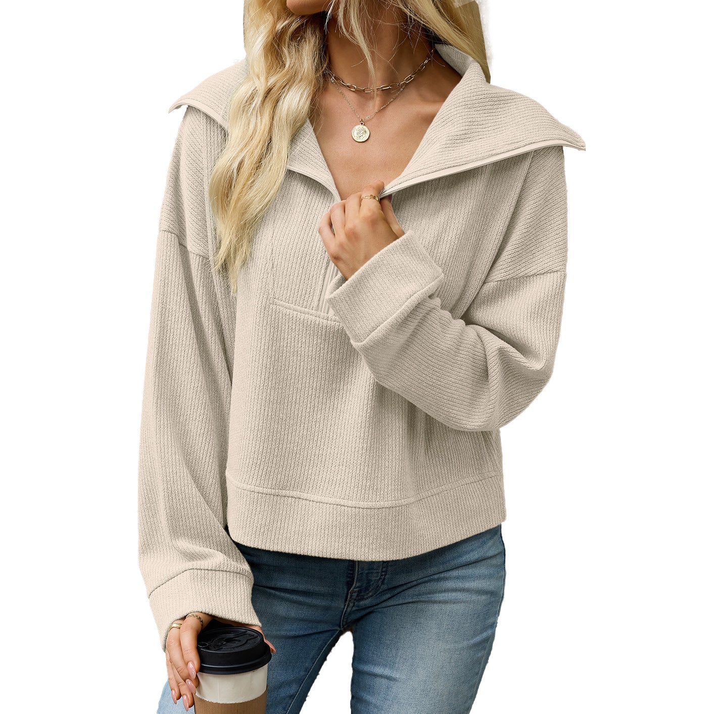 Women's Waffle Knit Half Zip Collared Oversized Sweatshirt