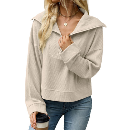 Women's Waffle Knit Half Zip Collared Oversized Sweatshirt