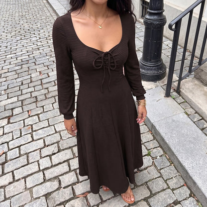 Women Square Neck Tie Front Long Sleeve Maxi Dress A-Line