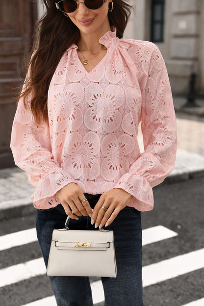 Eyelet Lace Blouse V Neck Puff Sleeve Top