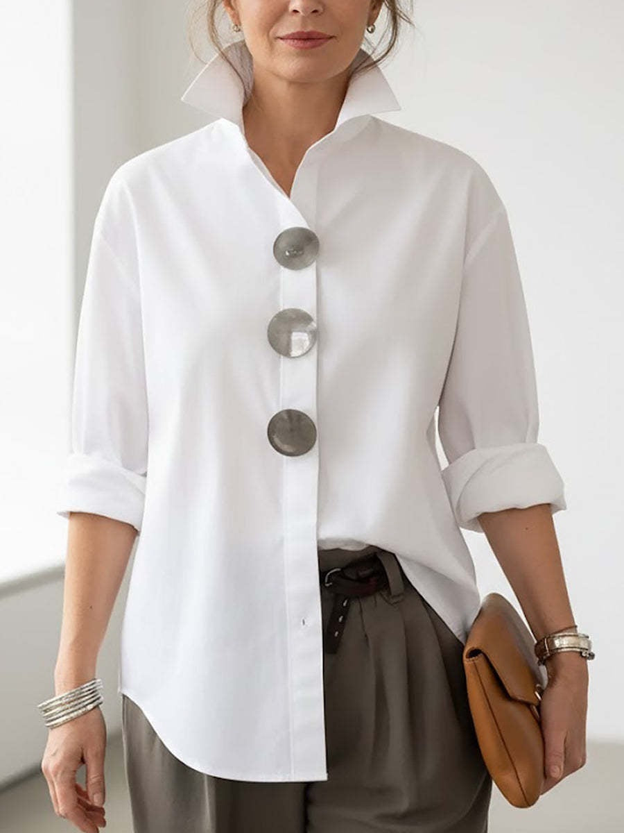 Women's Stand Collar Metal Button Long Sleeve Shirt