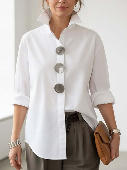 Women's Stand Collar Metal Button Long Sleeve Shirt