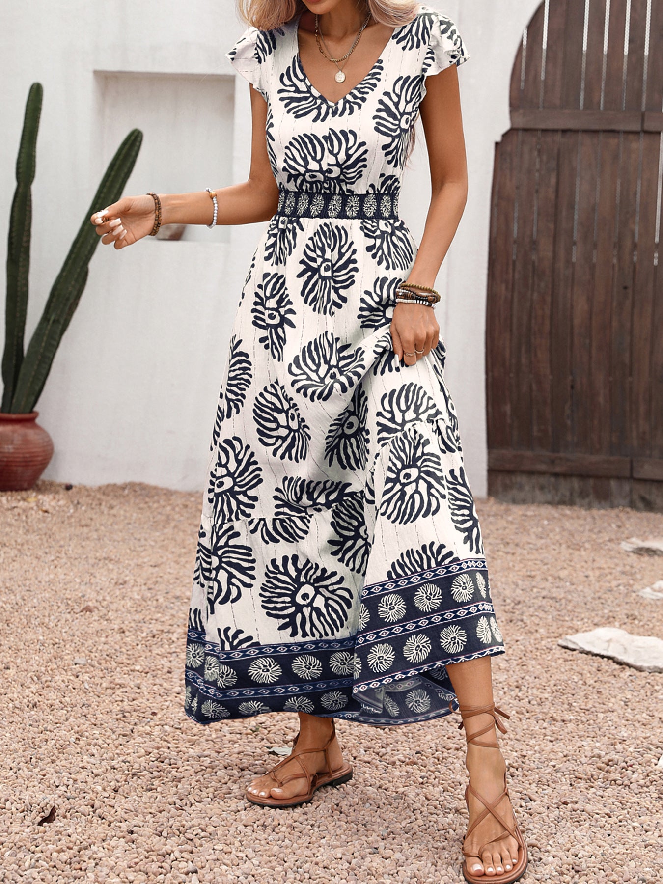 Boho Leaf Print V Neck Flutter Sleeve Maxi Dress Resort