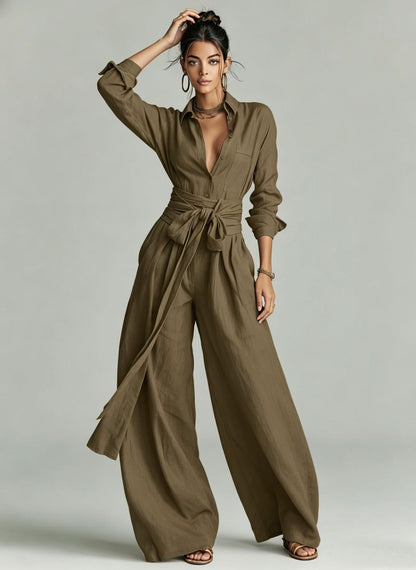 Women's Linen Blend Shirt High Waist Wide Leg Pants Set