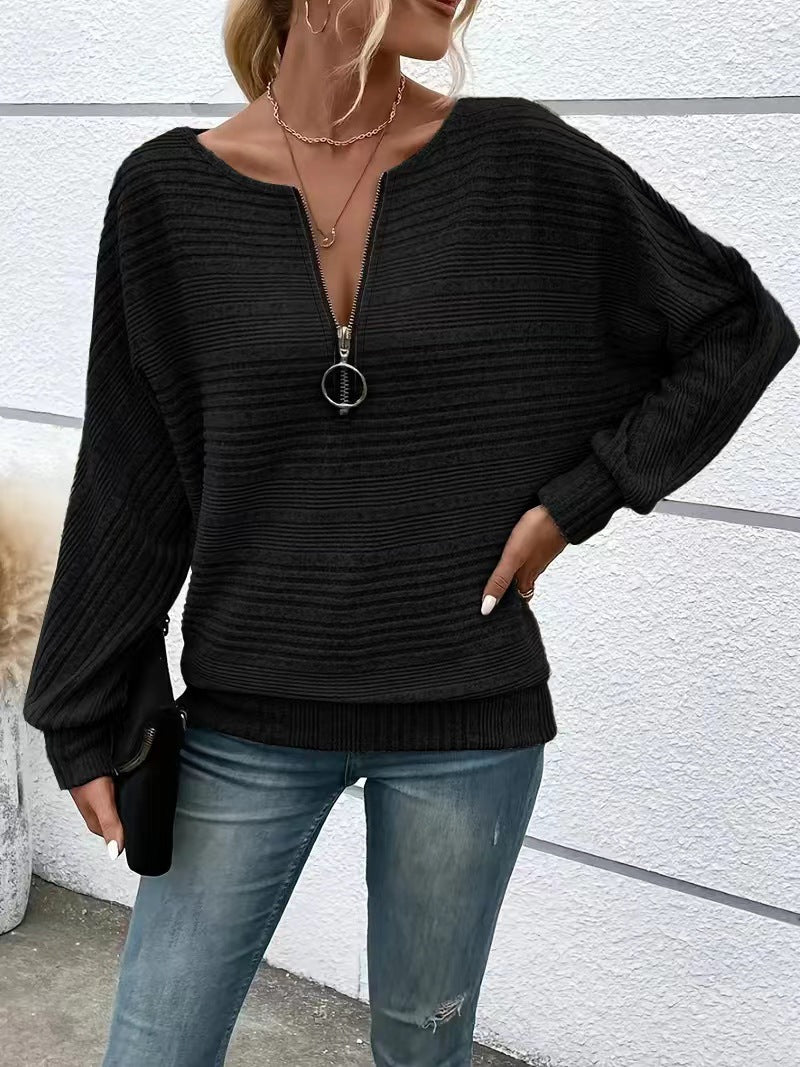 Women's Half Zip V Neck Long Sleeve Chenille Sweater