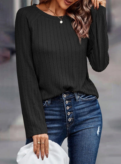 Textured Crewneck Long Sleeve Knit Top for Women
