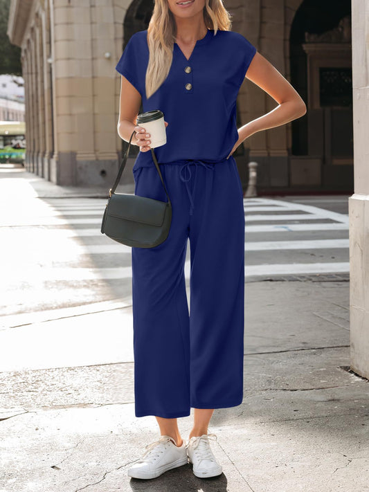Button Detail Cap Sleeve Wide Leg Two Piece Set