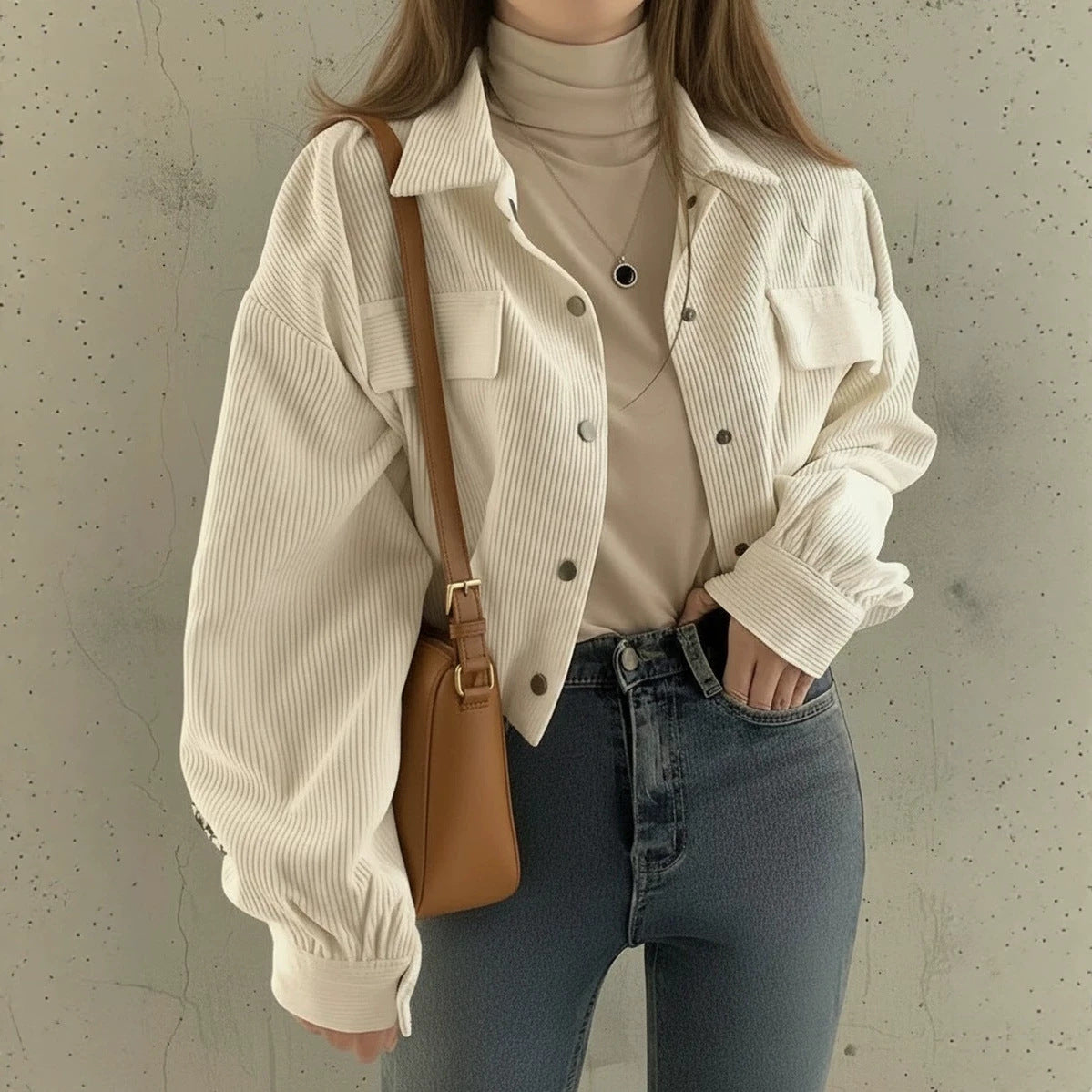 Corduroy Cropped Shacket Snap Front Relaxed Fit