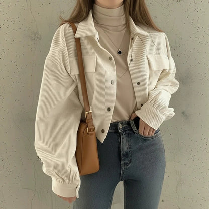Corduroy Cropped Shacket Snap Front Relaxed Fit