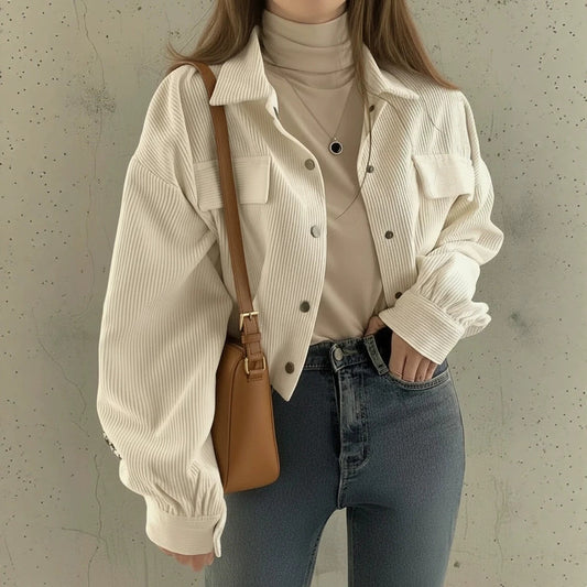Corduroy Cropped Shacket Snap Front Relaxed Fit