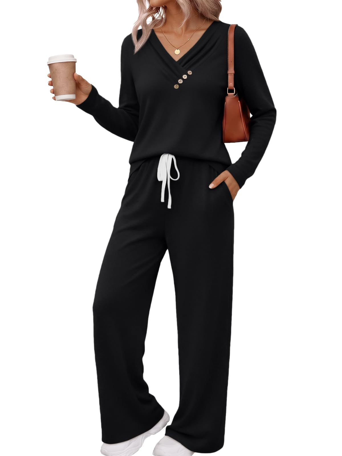 Casual V-Neck Button Top Wide Leg Pants Matching Set
