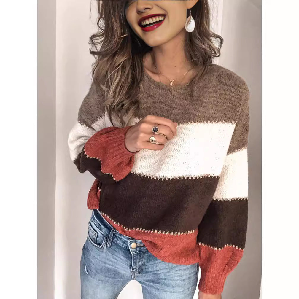 Women's Color Block Crewneck Long Sleeve Knit Sweater