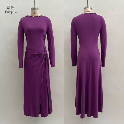 Women's Long Sleeve Knot Waist Maxi Dress A-Line