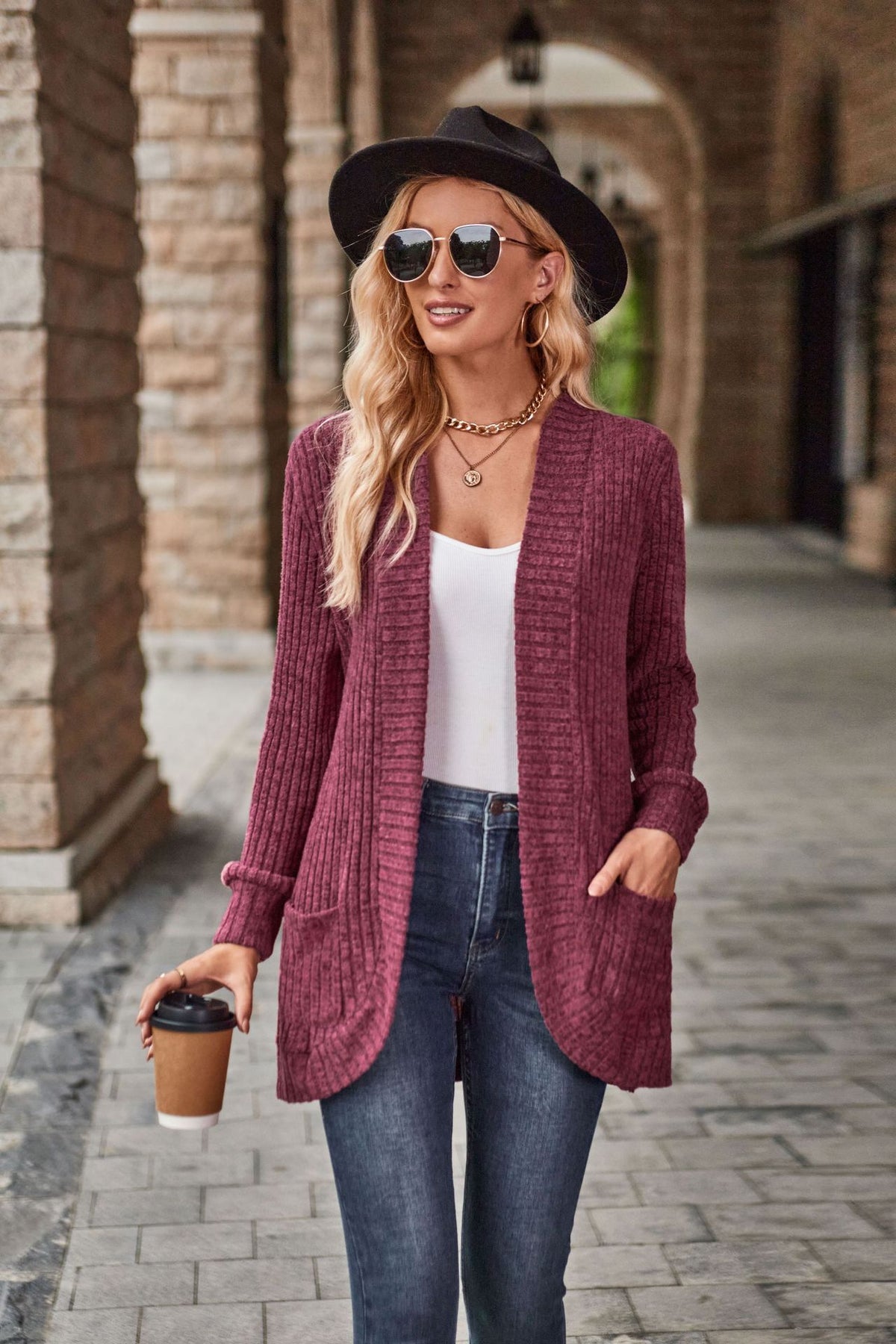 Women's Ribbed Open Front Cardigan with Pockets