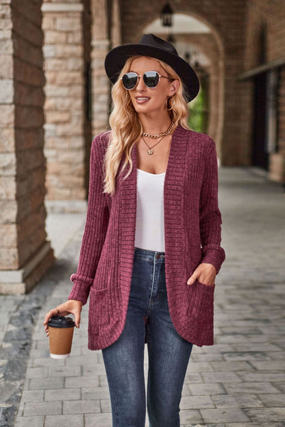 Women's Ribbed Open Front Cardigan with Pockets
