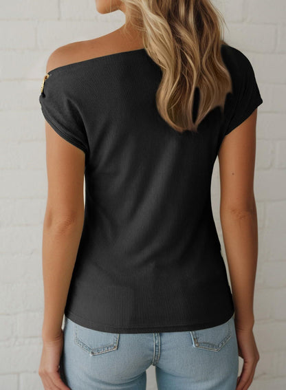 Ribbed One Shoulder Top Metal Buckle Slim Tee