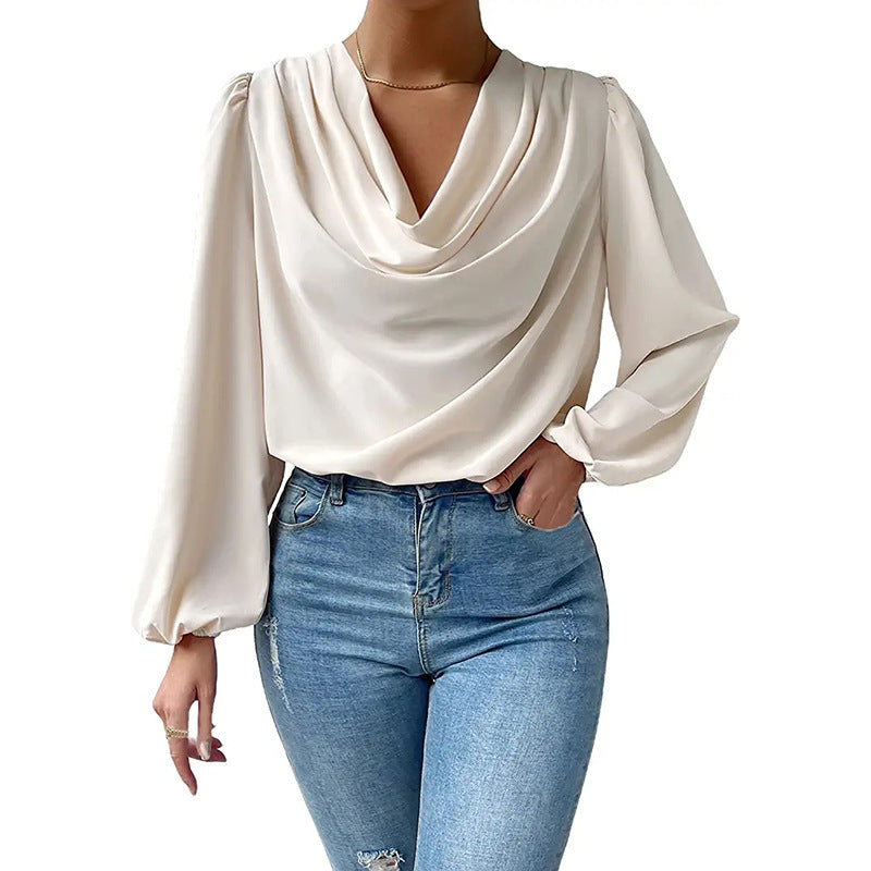 Cowl Neck Chiffon Blouse Lantern Sleeve Draped Top