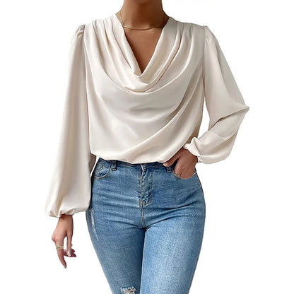 Cowl Neck Chiffon Blouse Lantern Sleeve Draped Top