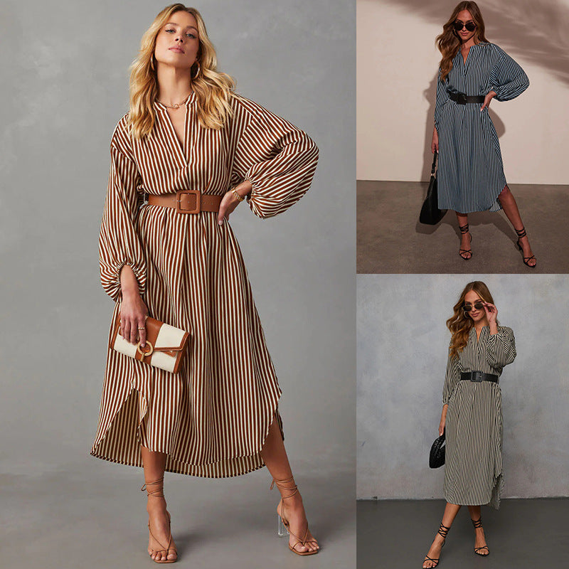 Women's Striped V-Neck Shirt Dress Belted Midi