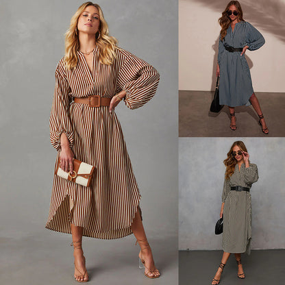 Women's Striped V-Neck Shirt Dress Belted Midi