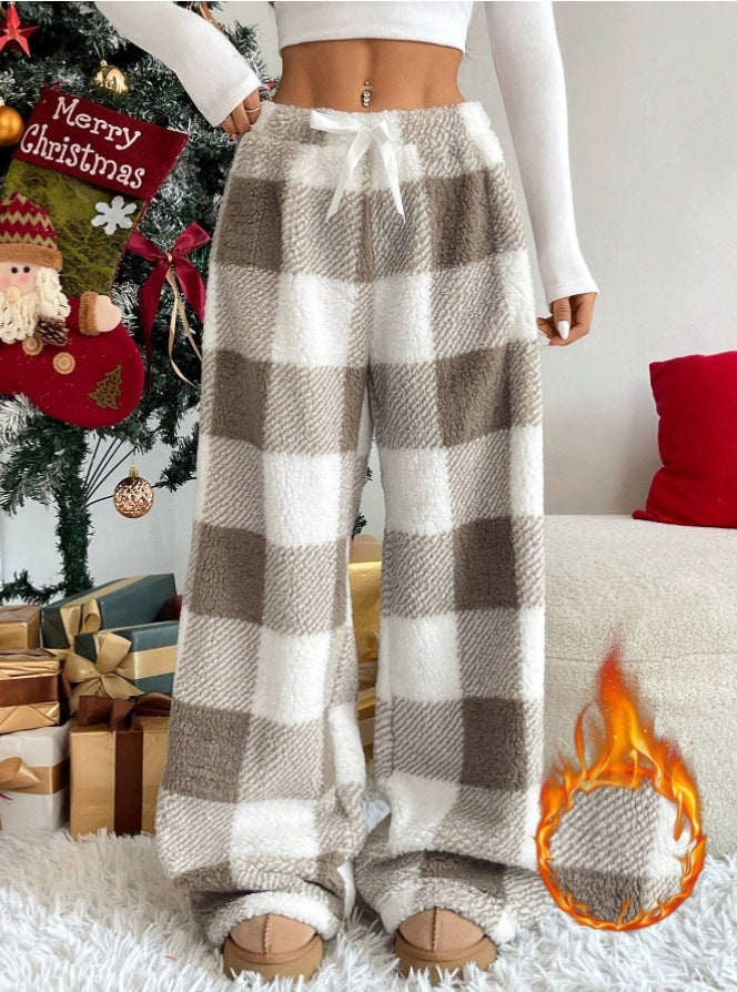 Cozy Plaid Wide Leg Pants Women Winter Drawstring Casual