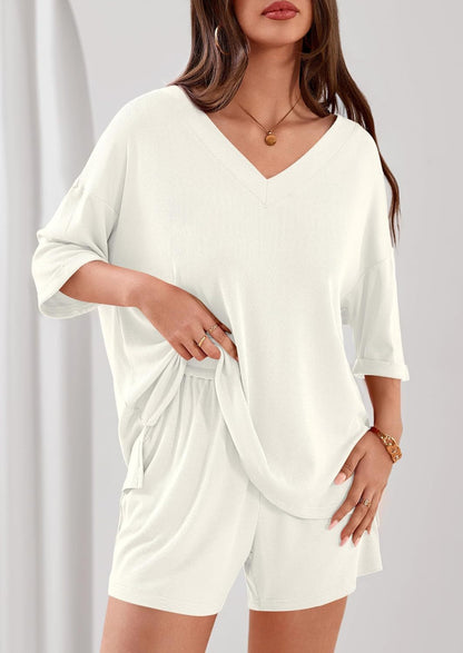 Ribbed V Neck Lounge Set Oversized Top Shorts Set