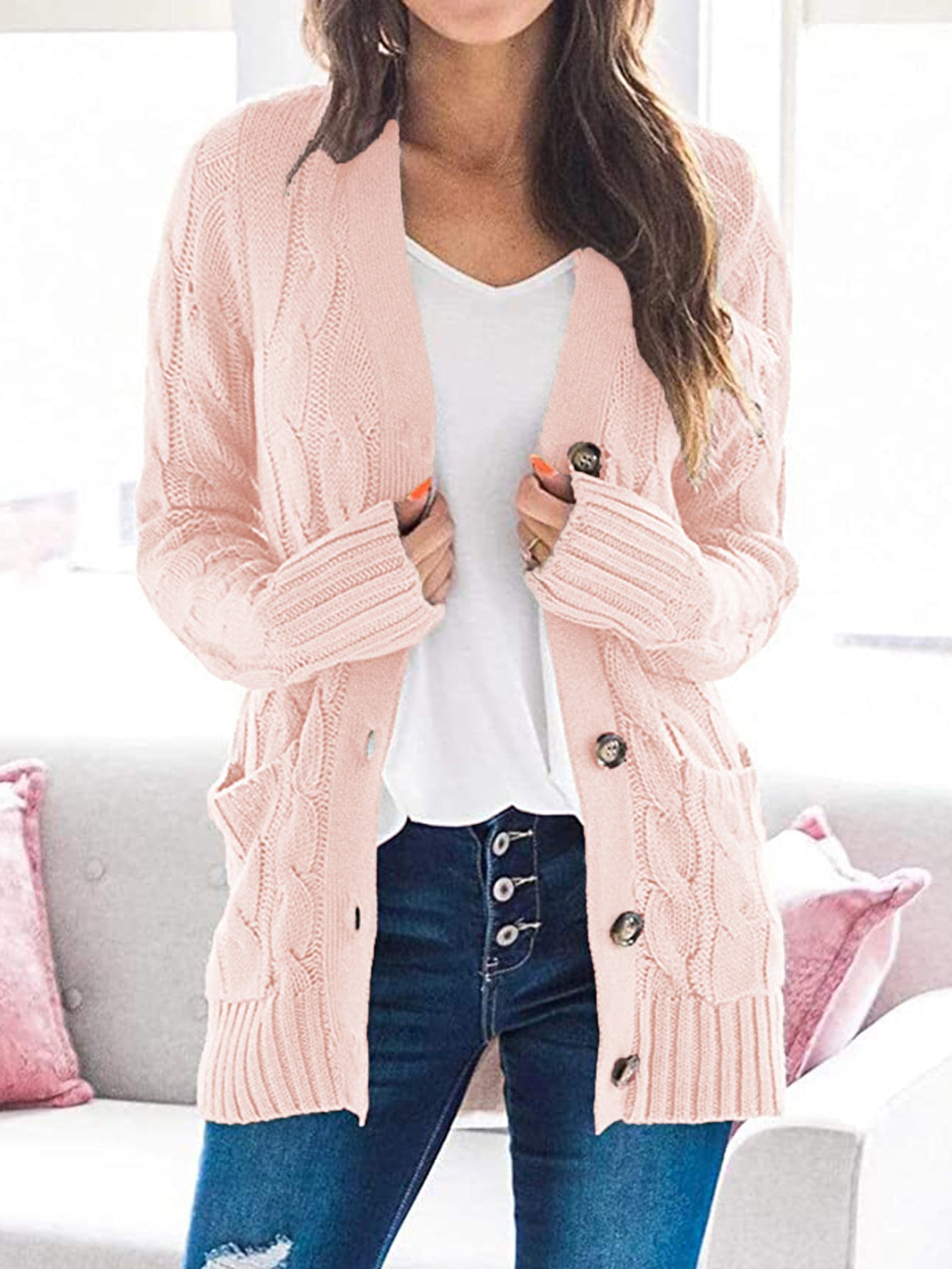 Womens Chunky Cable Knit Button Cardigan Sweater Pockets